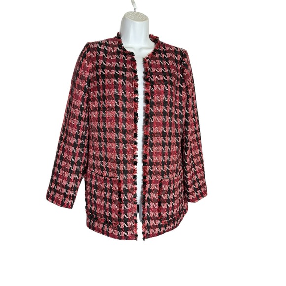 Chico's Blazer Size XS Tweed Houndstooth Fringed Edge Red Black Jacket ❤️🖤❤️ - Picture 4 of 12